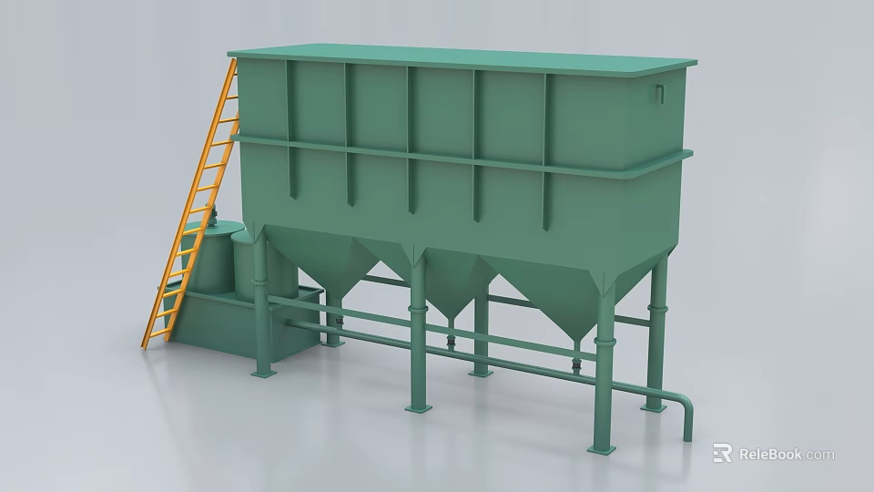Green Industrial Sedimentation Tank With Multi Compartment Design Conical Bottom Yellow Ladder And Pipeline Connections 3d model 