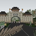 Ancient Chinese Architectural Style Gate of Qi Great Wall with City Walls Towers and Trees