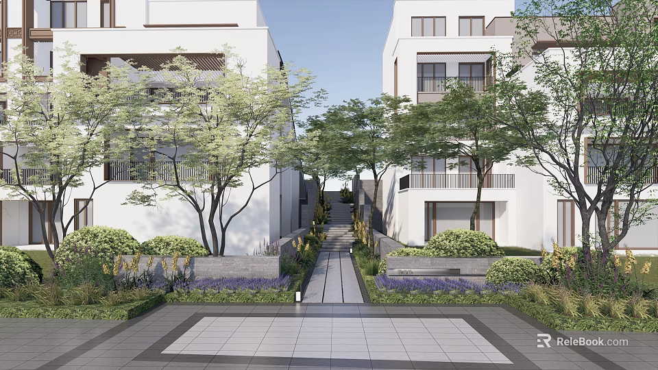 Modern Residential Scenic Wall With White Building Facade Greenery And Stone Pathway 3d model 