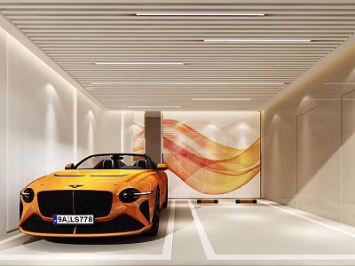 Modern Garage Interior With Yellow Convertible Car Wavy Decorative Wall And Ceiling Lighting 3d model