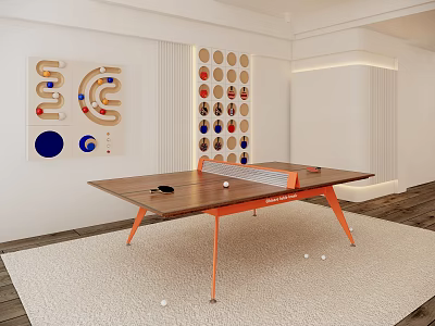 Sports Equipment Setup With Indoor Table Tennis Table Racket And Decorative Wall Elements 3d model