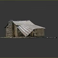 Rustic Wooden Cabin Model With Rusted Metal Roof And Stone Chimney