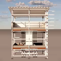 Outdoor Multi Level Shade Canopy With White Frame And Seating Area