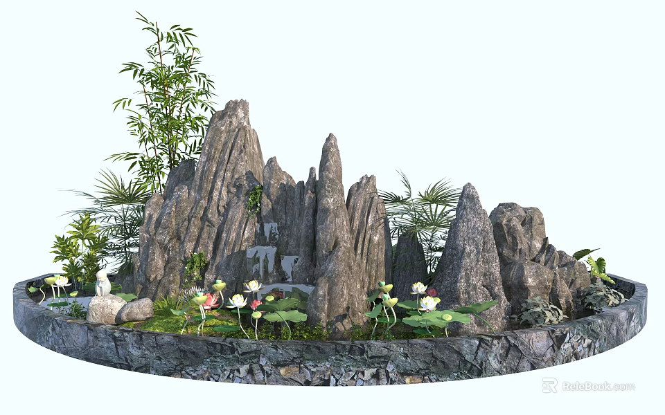 Garden Ornament With Rock Formations Bamboo Plants Lotus Blooms And Greenery 3d model 