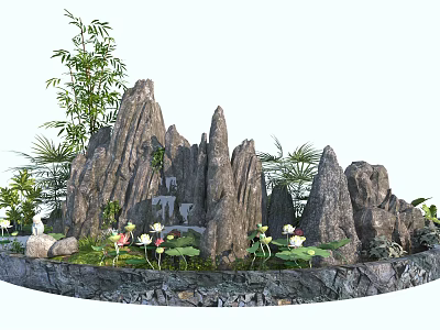 Garden Ornament With Rock Formations Bamboo Plants Lotus Blooms And Greenery 3d model