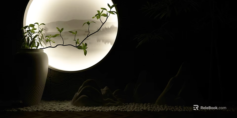 Chinese Garden Ornament With Round Moon Light Branch Green Leaves And Stone Decor 3d model 