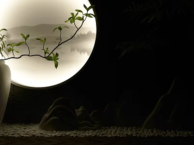 Chinese Garden Ornament With Round Moon Light Branch Green Leaves And Stone Decor 3d model