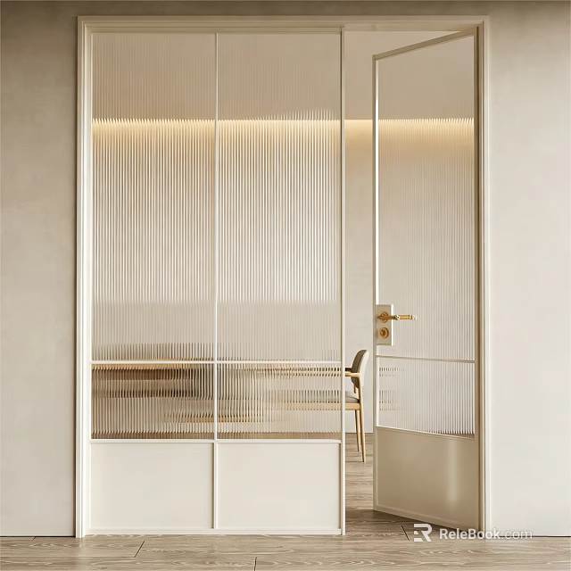 Minimalist Interior With Vertical Striped Glass Partition Table And Chair 3d model 