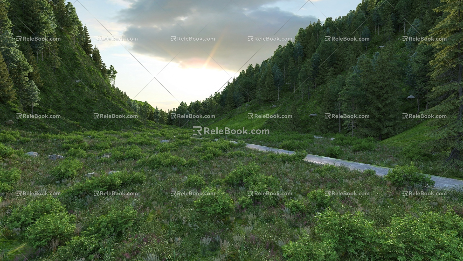 forest lawn weed road trees flowers stones 3d model