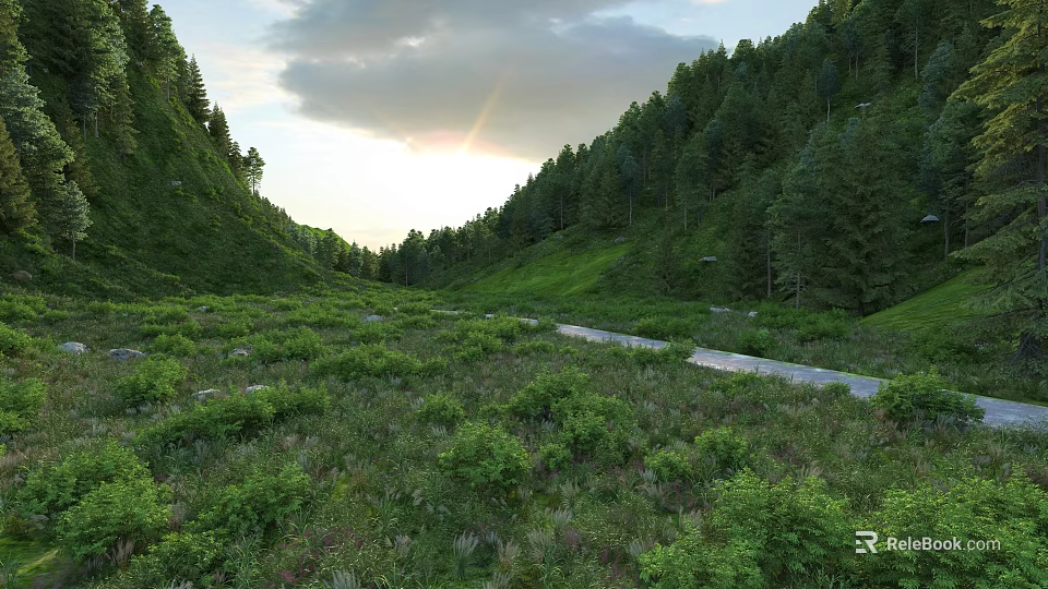 Scenic Valley Landscape With Lush Green Forests Path And Sunlight Through Clouds 3d model 