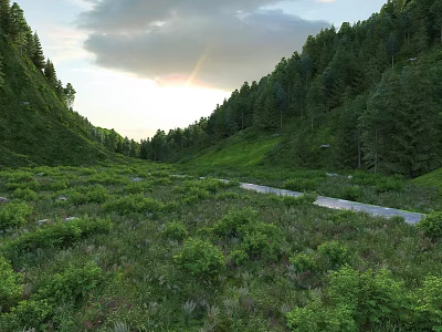 Scenic Valley Landscape With Lush Green Forests Path And Sunlight Through Clouds 3d model