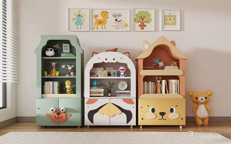 Cartoon Animal Shaped Decorative Cabinets In Kids Room With Wall Art And Decor Items 3d model 