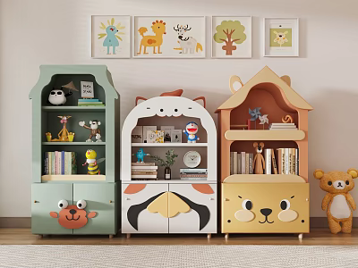Cartoon Animal Shaped Decorative Cabinets In Kids Room With Wall Art And Decor Items 3d model