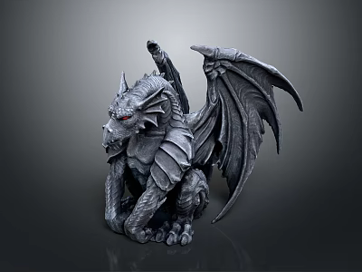 Detailed Grey Dragon Statue With Large Wings And Red Eyes In Sitting Pose 3d model