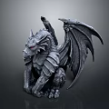 Detailed Grey Dragon Statue With Large Wings And Red Eyes In Sitting Pose
