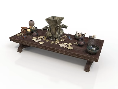 Decorative Wooden Long Table With Vase Pot Papers And Small Statues 3d model