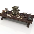 Decorative Wooden Long Table With Vase Pot Papers And Small Statues 3d model