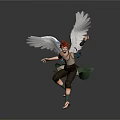 Winged Character 3D Model With Red Hair Green Outfit And Feather Wings In Dynamic Pose