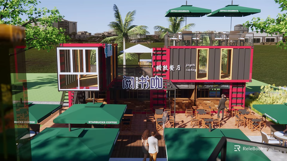 Commercial Complex With Container Structure Outdoor Dining Area Green Umbrellas And Palm Trees 3d model