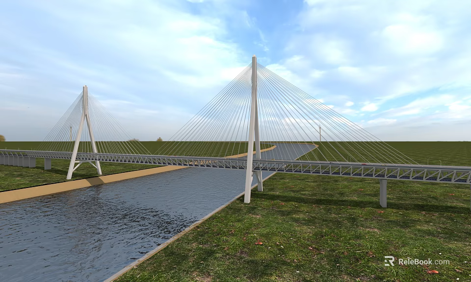 Modern Cable Stayed Bridge Over Water With Green Grass And Blue Sky 3d model