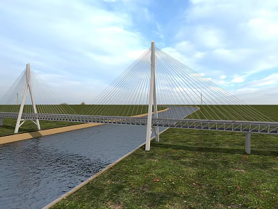 Modern Cable Stayed Bridge Over Water With Green Grass And Blue Sky 3d model