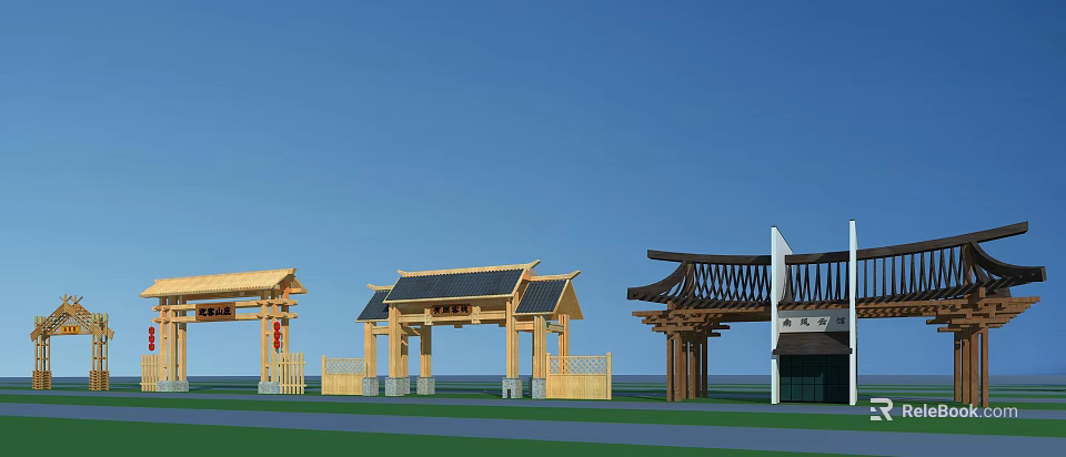 Traditional Wooden Entrance Gate With Pagoda Style Roof And Ornate Design 3d model 