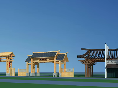 Traditional Wooden Entrance Gate With Pagoda Style Roof And Ornate Design 3d model