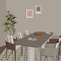 Cream Style Dining Table and Chair Long Table Ornaments Hanging Painting Green Plant 3d model