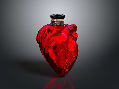 Red Heart Shaped Glass Bottle With Black Cap And Vein Like Texture On Dark Background 3d model