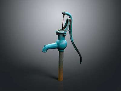 Vintage Blue Manual Water Pump With Curved Handle And Rusty Metal Base 3d model