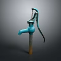 Vintage Blue Manual Water Pump With Curved Handle And Rusty Metal Base