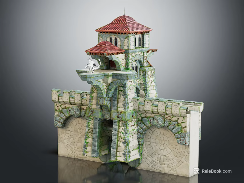Detailed Medieval Castle Model With Red Roof Tower Mossy Stone Walls And Archways 3d model 