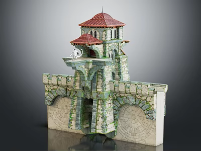 Detailed Medieval Castle Model With Red Roof Tower Mossy Stone Walls And Archways 3d model