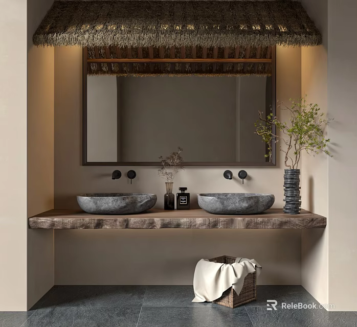 Double Stone Washbasins in Bathroom Interior with Woven Mirror Decor Plant and Towel Basket 3d model 