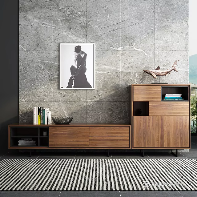 Walnut TV Stand Modern Design With Stone Wall Decorative Fish Sculpture Books Black White Artwork 3d model 
