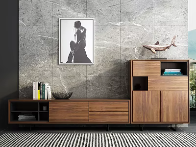 Walnut TV Stand Modern Design With Stone Wall Decorative Fish Sculpture Books Black White Artwork 3d model