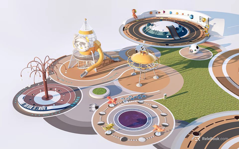 Playground Equipment With Slide Circular Track Rocket Shaped Structure Rotating Device And Green Lawn 3d model 