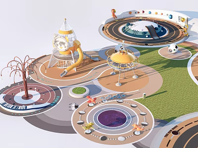 Playground Equipment With Slide Circular Track Rocket Shaped Structure Rotating Device And Green Lawn 3d model