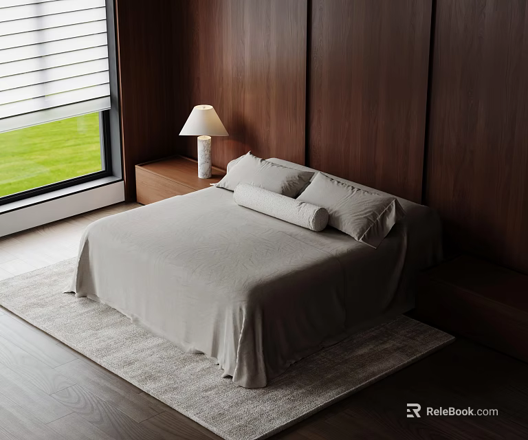 Modern Double Bed With Wooden Wall Table Lamp Window Grass View Gray Bedspread And Rug 3d model 
