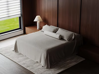 Modern Double Bed With Wooden Wall Table Lamp Window Grass View Gray Bedspread And Rug 3d model