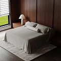 Modern Double Bed With Wooden Wall Table Lamp Window Grass View Gray Bedspread And Rug