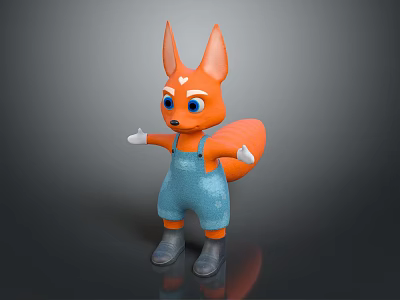 Cute Orange Fox Cartoon Character In Blue Overalls With Big Ears And Open Arms 3d model