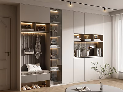Modern Entryway Shoe Cabinet With Storage Bench Coat Hooks And Decorative Shelves 3d model