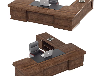 Wooden Office Desk With Drawers Laptop Chair And Spacious Desktop Surface 3d model