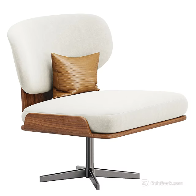 Modern Office Chair with White Upholstered Seat Brown Accent Pillow Walnut Frame and Metal Base 3d model 