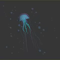 Graceful Blue Jellyfish with Long Tentacles Floating Underwater Among Many Transparent Bubbles