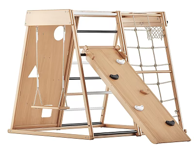 Wooden Kids Indoor Climbing Frame With Swing Slide Rock Wall And Rope Net 3d model