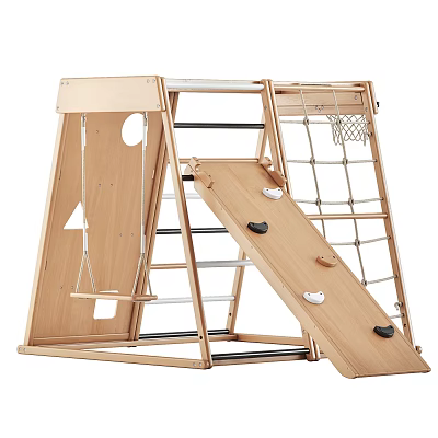 Wooden Kids Indoor Climbing Frame With Swing Slide Rock Wall And Rope Net 3d model