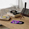 Premium Vinyl Record Player Audio System On Wooden Table With Vinyl Records Holder
