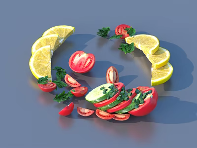 Fresh Sliced Vegetables Including Lemon Tomato And Coriander Arranged In Circular Ring 3d model
